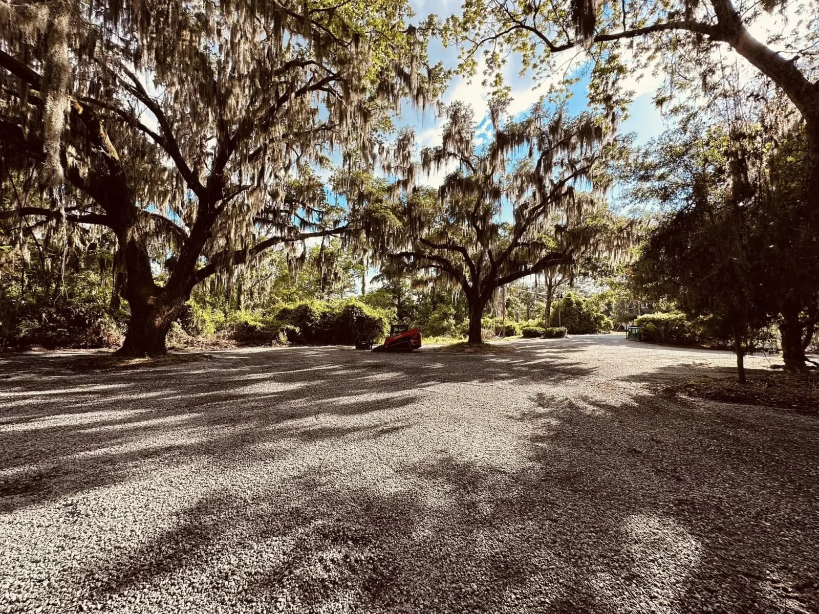 Finished gravel driveway and parking area beneath mature trees